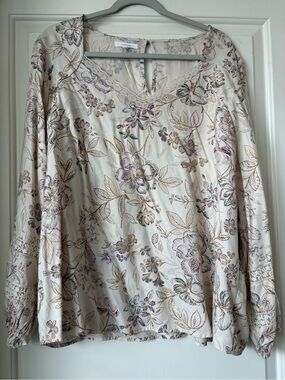 Maurices Cream Floral Lace-Trim Long Sleeve Blouse